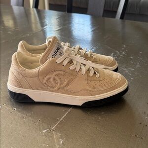 Chanel sneakers trainers flats logo beige suede sz 38.5